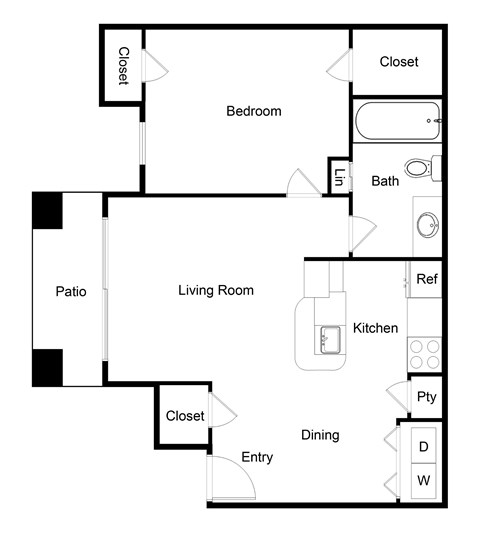 Floor plan for 1 bed, 1 bath, 677 sqft